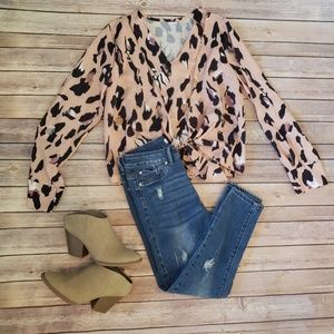 Leopard Front Tie Blouse